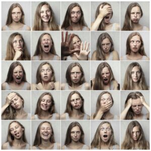 A collage of a woman with different facial expressions