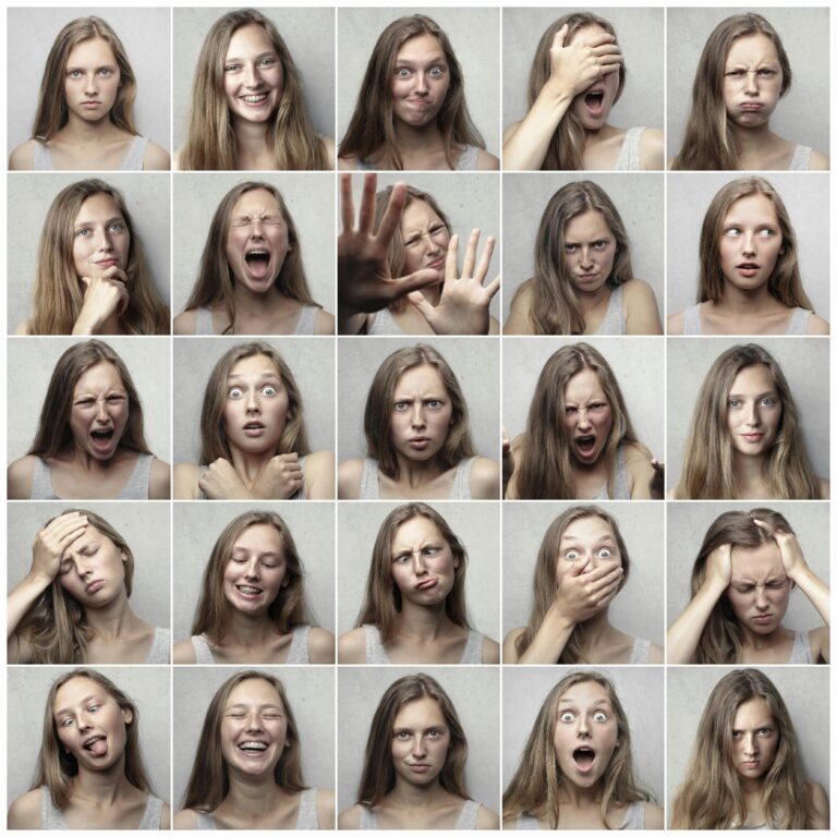A collage of a woman with different facial expressions