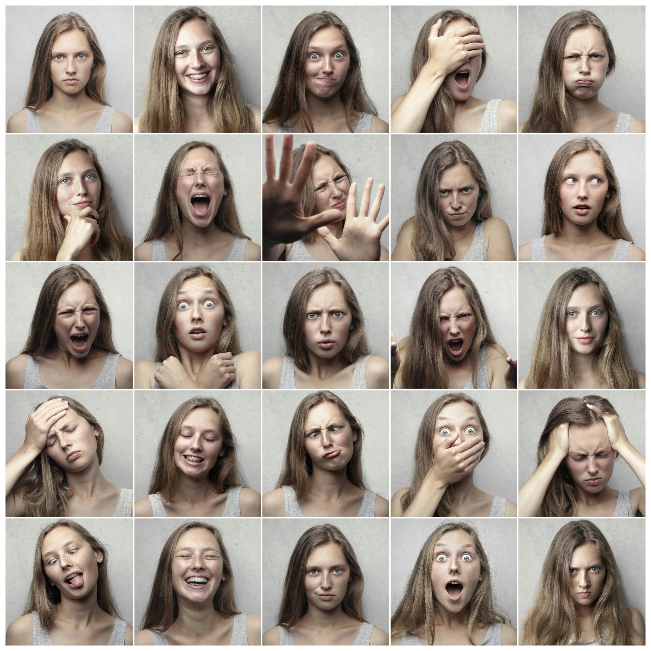 A collage of a woman with different facial expressions